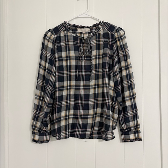 LOFT Navy Plaid Ruffle Blouse - Picture 2 of 3